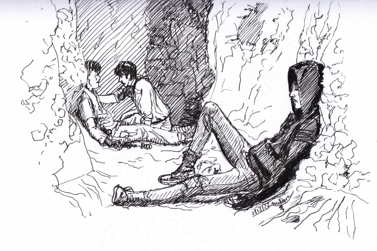 injured man lying against a cave tunnel wall, Wu Xie checking on Pangzi in the background